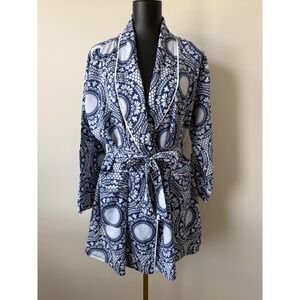 Malabar Bay Organic Cotton Satin Robe Blue White Medallion Floral S/M Loungewear